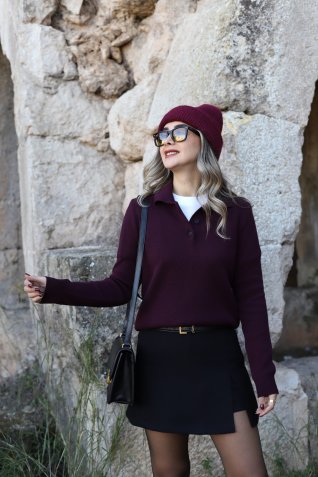 Bordo Standart Beden Polo Yaka Üç Düğmeli Kazak