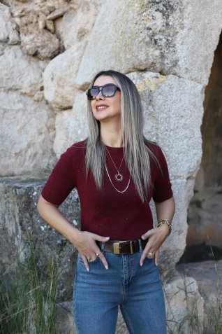 Bordo Standart Beden Pullu Simli Triko Kazak