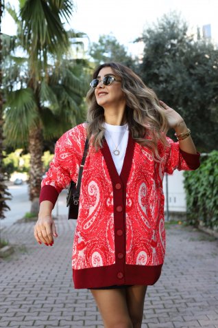 Bordo Standart Beden Şal Desen Hırka