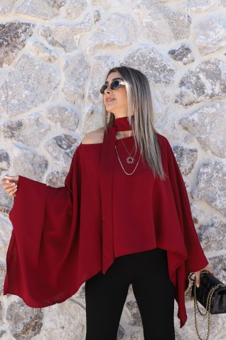 Bordo Standart Beden Şal Detaylı Yarasa Kol Bluz