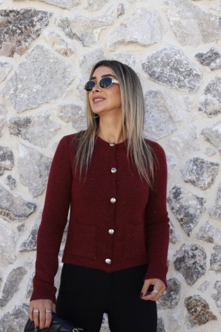 Bordo Standart Beden Simli Düğmeli Hırka