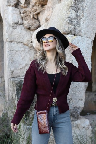 Bordo Standart Beden Ters Dikişli Tek Düğme Hırka