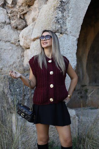 Bordo Standart Beden Yumuşak Dokulu Cepli Yelek