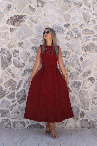 Bordo Taşlı Kemerli Halter Kloş Elbise