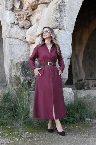 Bordo Tensel Kumaş Kemerli Gömlek Elbise