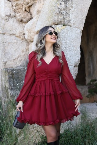 Bordo V Detay Kısa Şifon Elbise