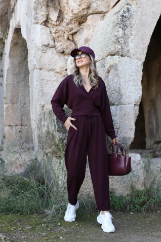 Bordo V Yaka Modal Kumaş Eşofman Takımı