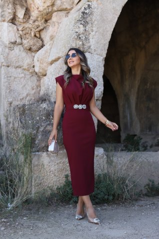 Bordo Vatkalı Taş Detaylı Kuşaklı Elbise