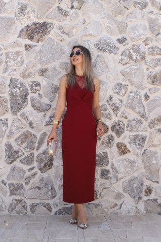 Bordo Yaka Dantel Detaylı Elbise