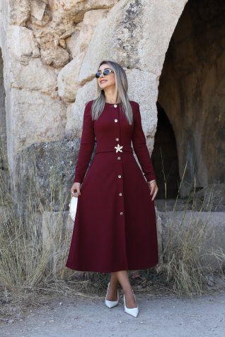 Bordo Yıldız Tokalı Uzun Kollu Elbise