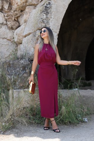 Bordo Yuvarlak Yaka Drapeli Yırtmaç Detay Elbise