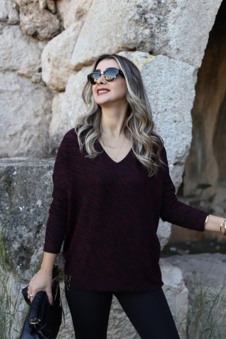 Bordo Zebra Desen Yarasa Model Yumoş Bluz