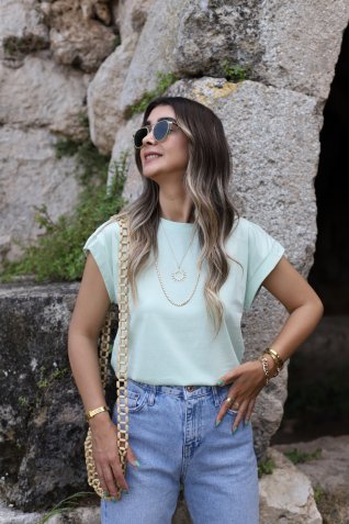 Çağla Yeşili Bisiklet Yaka Kol Detay Tshirt