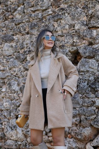 Camel Çizgili Kısa Kaşe Kaban
