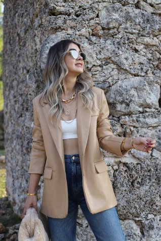Camel Deri Blazer Ceket