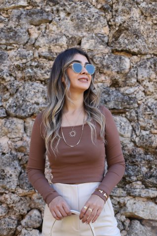 Camel Düz Kare Yaka Bluz