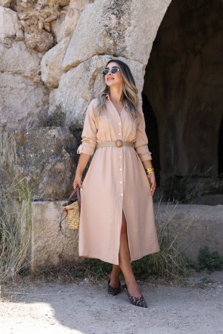 Camel Hasır Kemerli Elbise