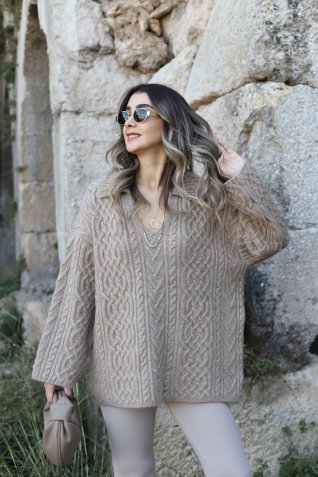 Camel Kendinden V Yaka Standart Beden Kazak