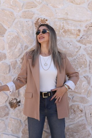 Camel Keten Çizgili Astarlı Blazer