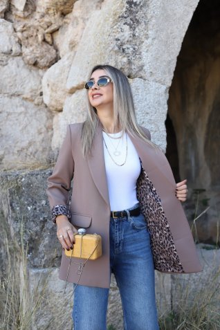 Camel Leopar Astarlı Şal Yaka Blazer