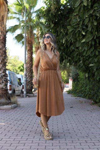 Camel Metal Detay Bağlamalı Elbise