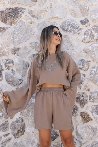 Camel Standart Beden Bol Kesim Yarasa Kol Bluz