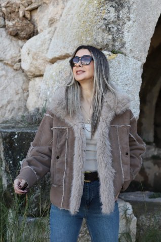 Camel Standart Beden İçi Kürklü Nubuk Mont