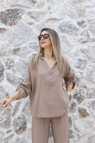Camel Standart Beden Müslin Tek Düğmeli Bluz