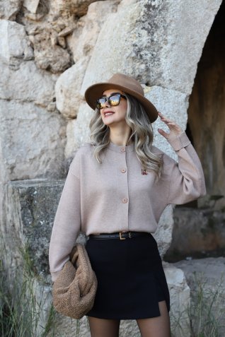 Camel Standart Beden Teddy Baskılı Hırka