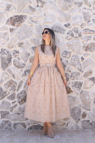 Camel Üç Boyutlu Çiçekli Elbise