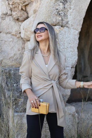 Camel Yandan Bağlamalı Blazer Ceket