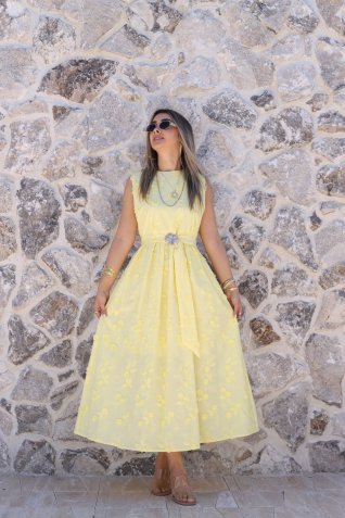 Canlı Sarı Üç Boyutlu Çiçekli Elbise