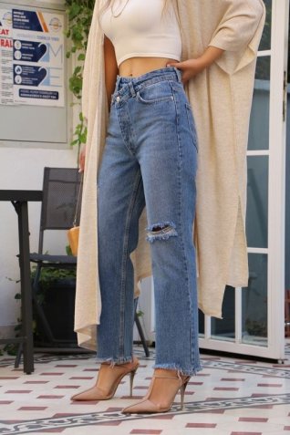 Çapraz Bel Detay Mom Jean