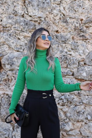 Çimen Yeşili Balıkçı Yaka Kazak