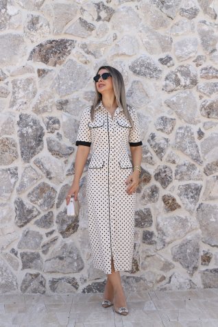 Ekru Biyeli Puantiyeli Elbise