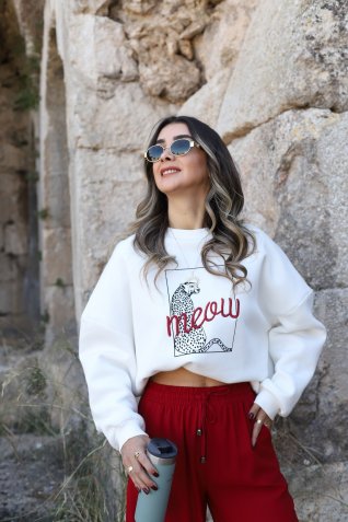 Ekru Çita Desenli Sweatshirt