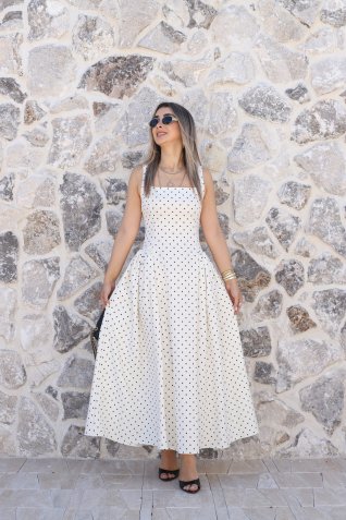 Ekru Kare Yaka Piliseli Puantiyeli Elbise