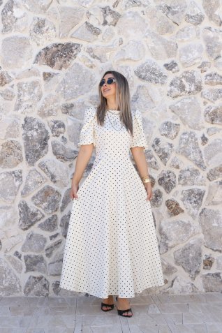 Ekru Karpuz Kol Puantiyeli Elbise