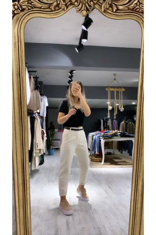 Ekru Kemerli Mom Jean