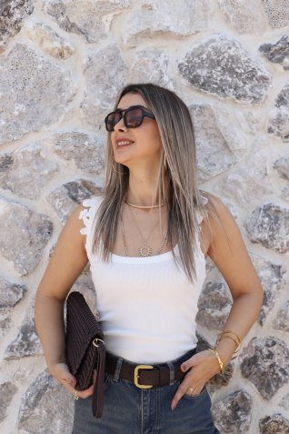 Ekru Omuzları Dantelli Fitilli Atlet