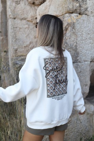 Ekru Sırt Nakışlı Sweatshirt