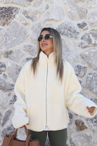 Ekru Standart Beden Fermuarlı Peluş Ceket
