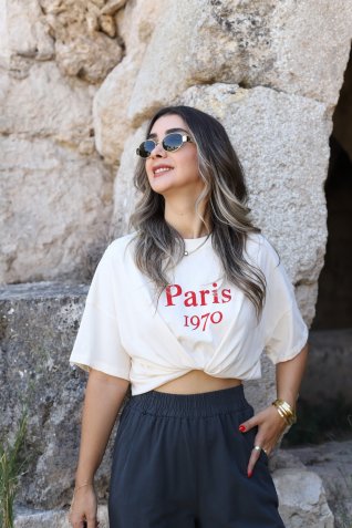 Ekru Standart Beden Ön Arka Yazı Detay Tshirt