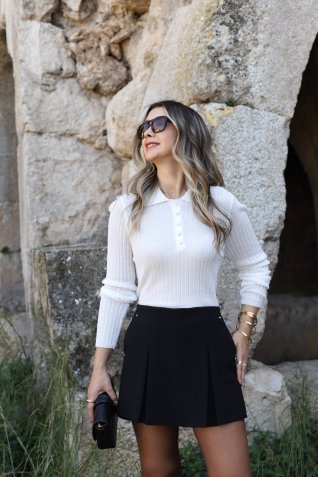 Ekru Standart Beden Polo Yaka Düğmeli İnce Triko