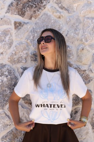 Ekru Yakası Kahve Mavi Baskılı Tshirt