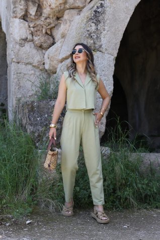 Fıstık Yeşili Yelekli Keten Havuç Takım