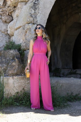 Fuşya Halter Yaka Kolsuz Tulum