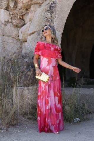 Fuşya Madonna Yaka Desenli Tül Elbise