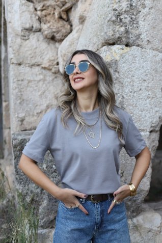 Gri Dekoratif Yaka Salaş Tişört