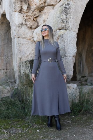 Gri Fitilli Kemer Detay Önden Yırtmaçlı Elbise